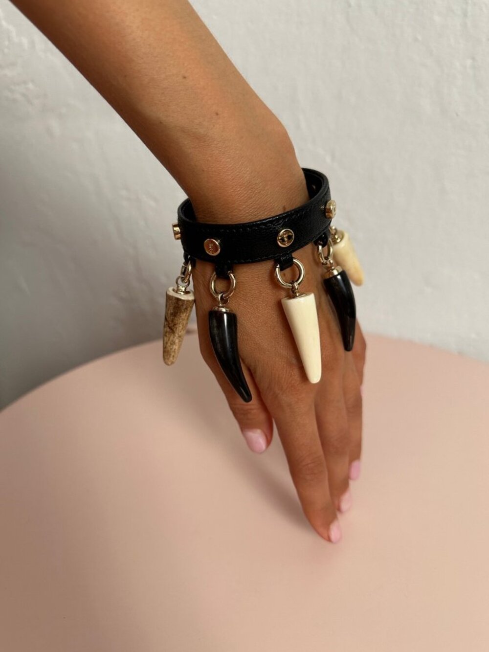 Saint Laurent YSL Charm Leather Bracelet Black Horn Tusk Pendants
